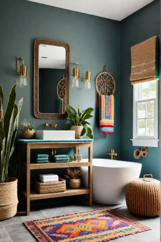 Bohemian bathroom with cork flooring and recycled glass countertop