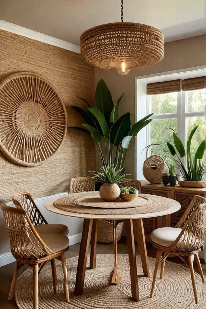 Bohemian dining room with a grasscloth wallpaper and natural textures