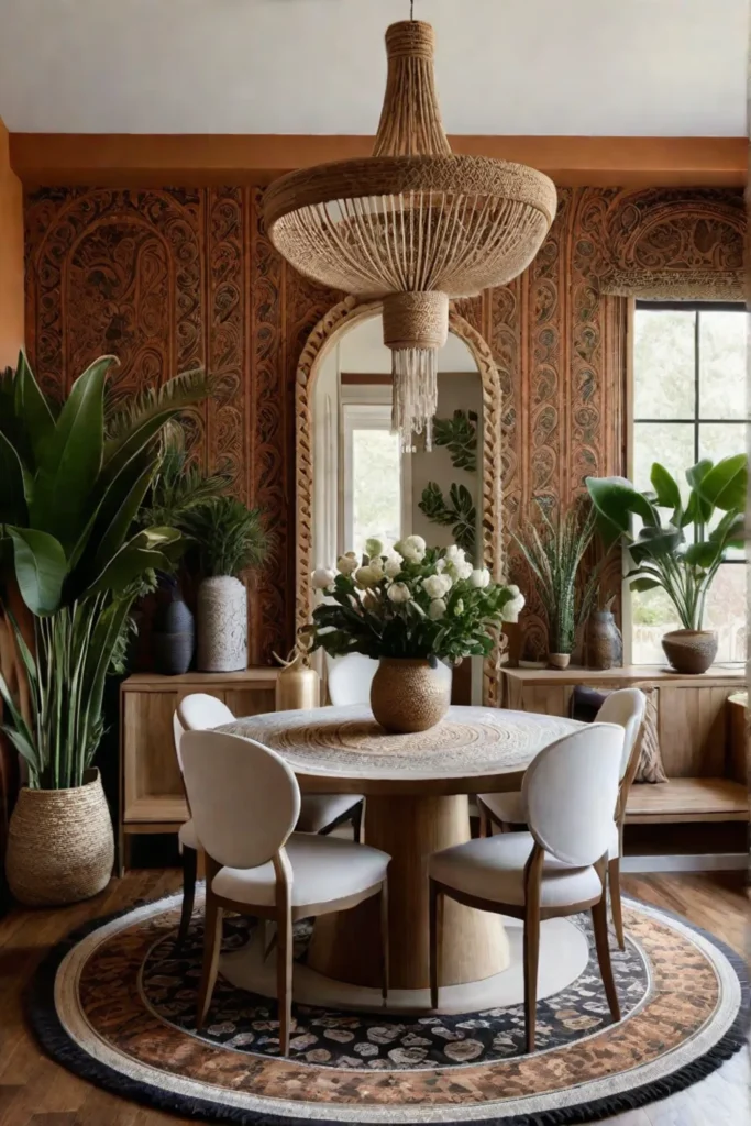Bohemian dining room with paisley wallpaper