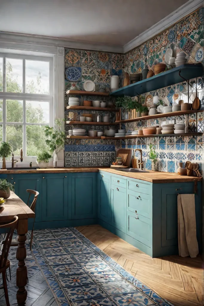 Bohemian kitchen backsplash vintage tiles