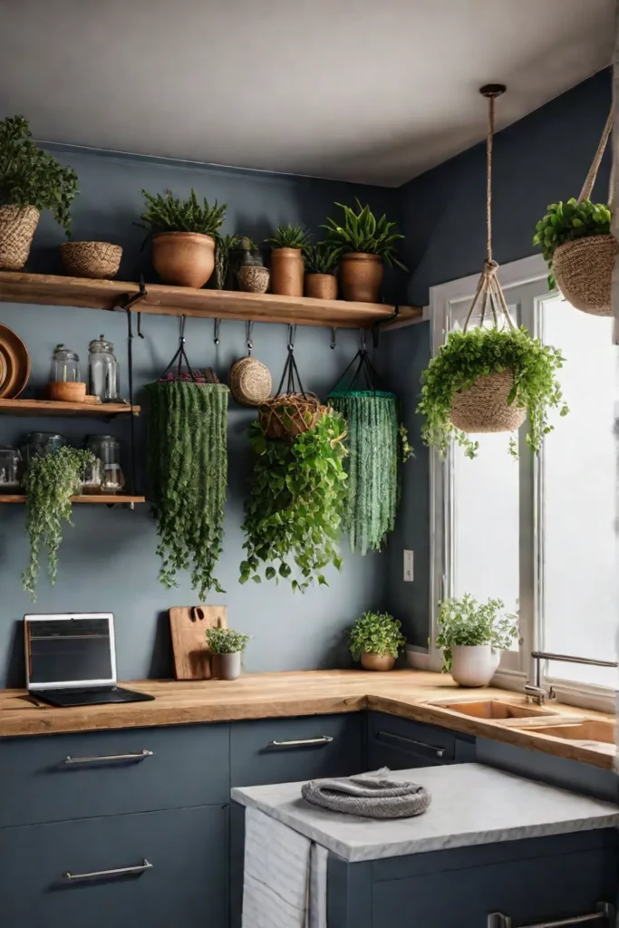 Bohemian small kitchen with open shelving macrame planters and vibrant textiles