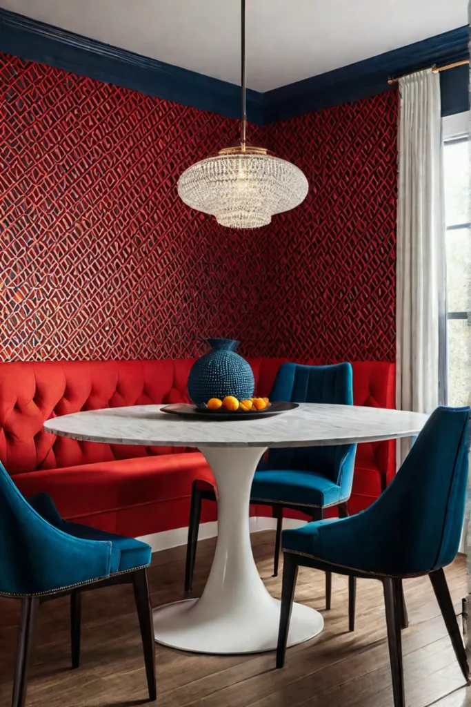 Bold and colorful dining room with unique textured wallpaper