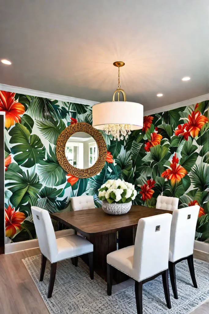 Bold wallpaper as focal point in dining space
