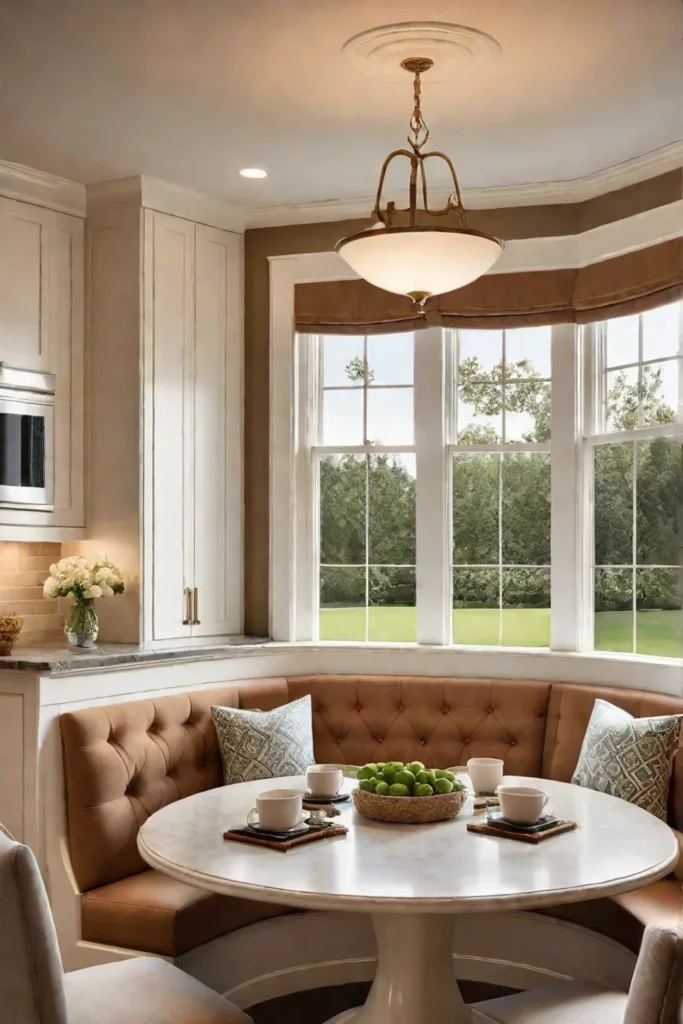 Breakfast nook with builtin banquette and a pedestal table