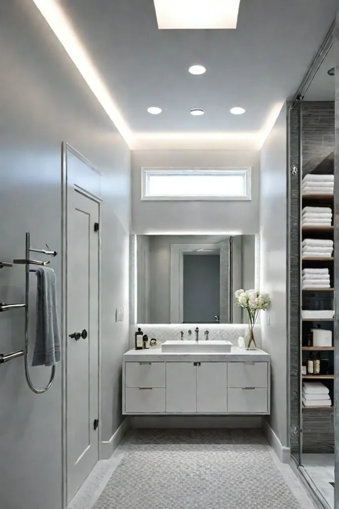 Bright and airy bathroom with natural light and layered artificial lighting