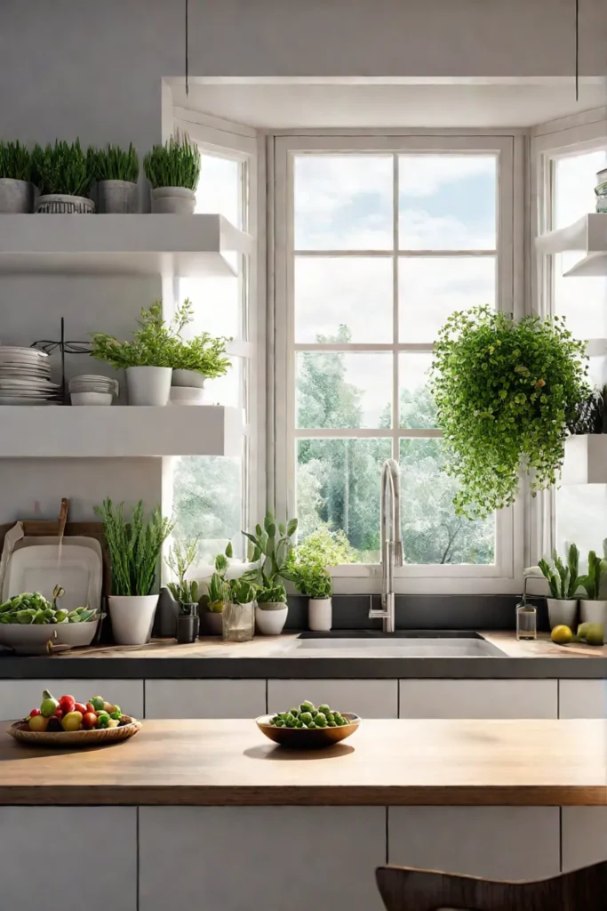 Bright and airy small kitchen with open shelving and a vertical garden