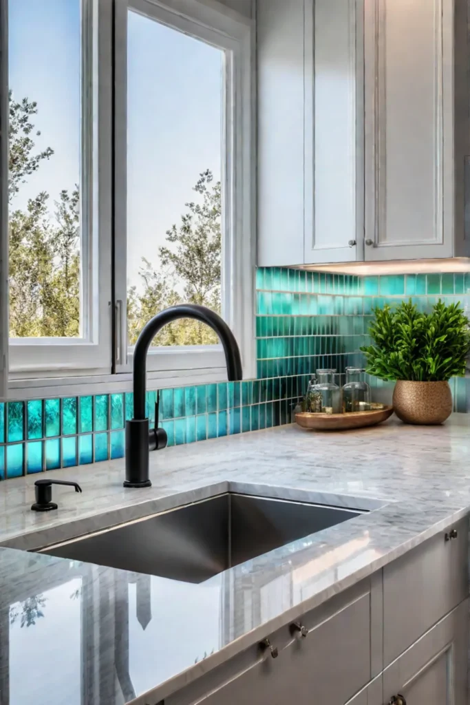 Bright kitchen with iridescent glass tile backsplash