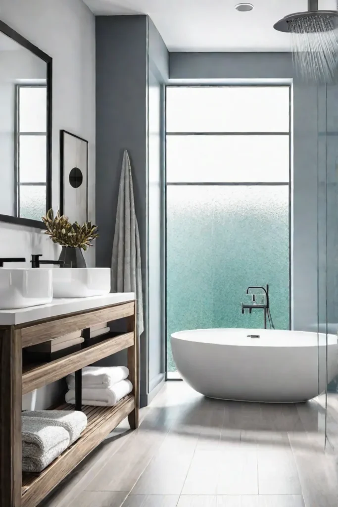 Bright modern coastal bathroom with rainfall shower