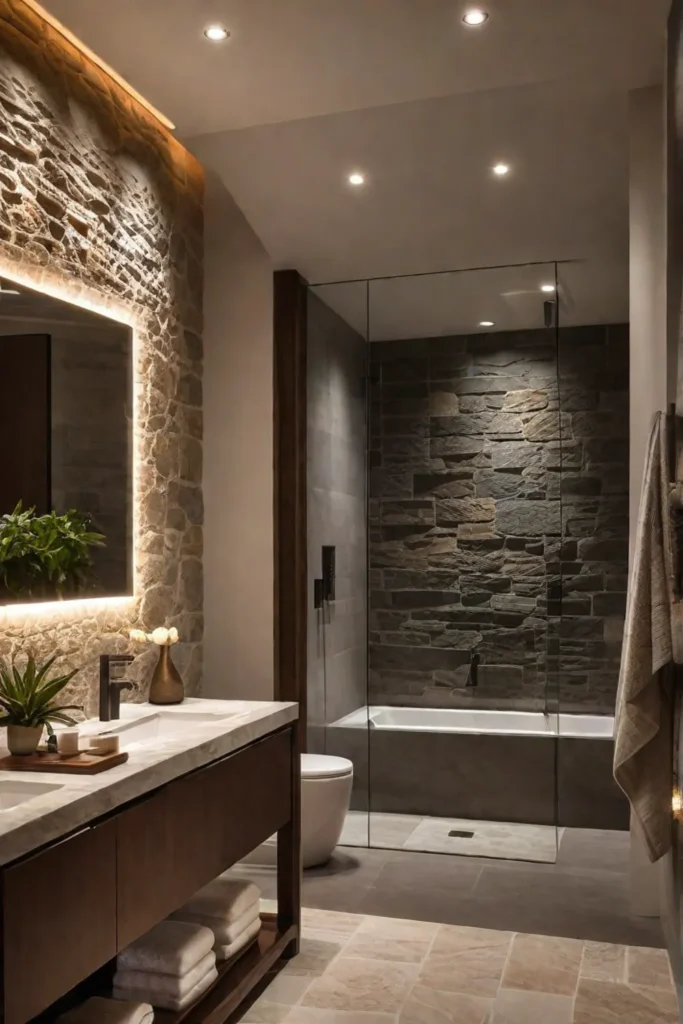 Calming bathroom ambiance created with warm LED lighting and natural materials