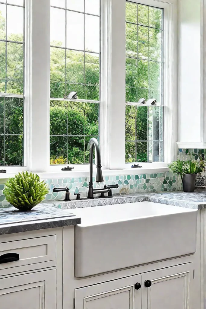 Cast iron farmhouse sink and mosaic backsplash in a kitchen with garden view