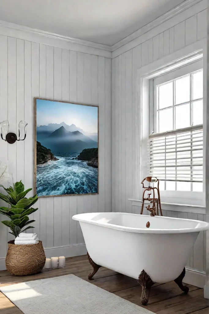 Charming coastal bathroom with clawfoot tub and shiplap walls