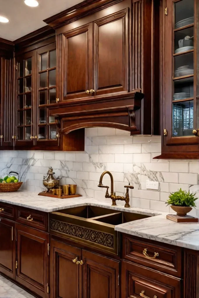 Cherry wood raised panel cabinets with marble countertops