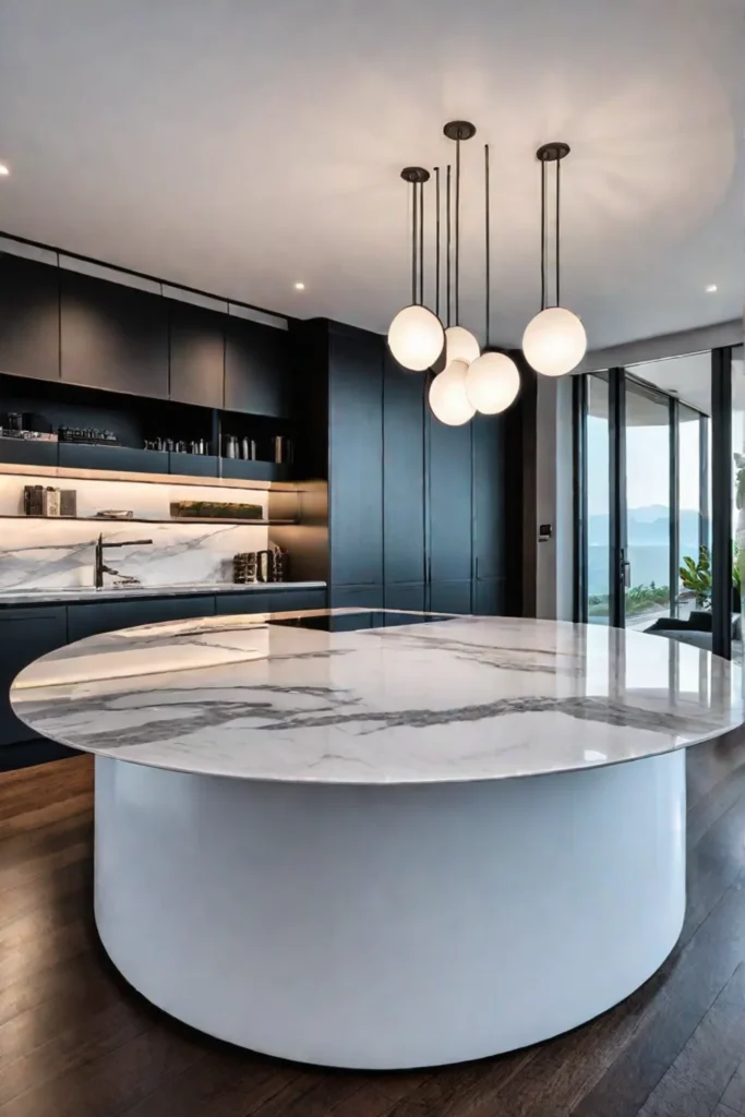 Circular kitchen island with marble countertop