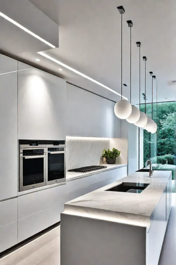 Clean and sophisticated kitchen with layered lighting