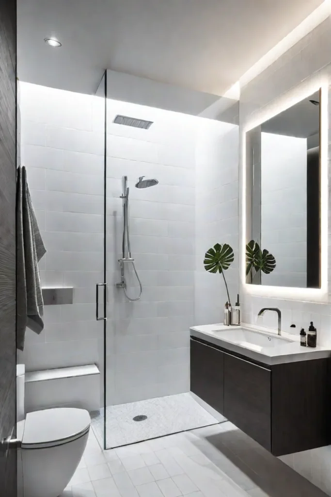 Clean and spacious bathroom with a lighted mirror and efficient lighting design