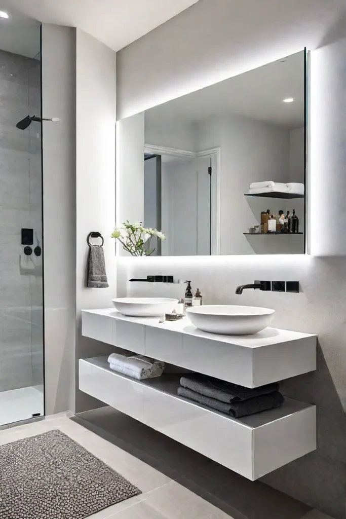 Clean and spacious bathroom with efficient lighting