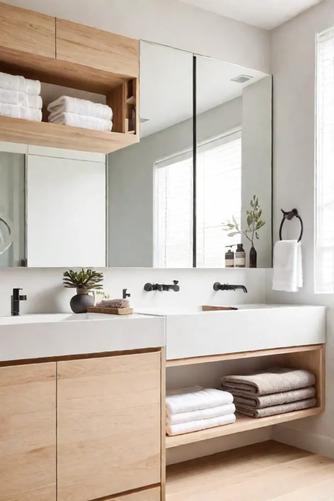 Clutterfree bathroom with sleek cabinets and open shelving