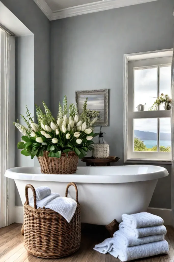 Coastal bathroom with clawfoot tub and fresh flowers
