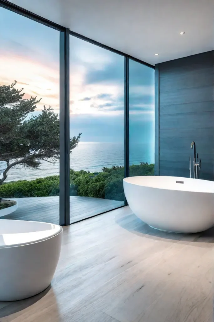 Coastal bathroom with walkin shower and ocean view
