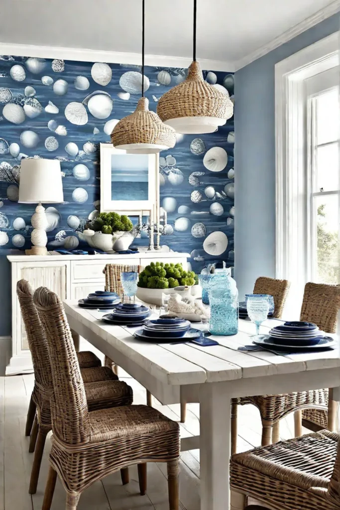 Coastal dining room with a seashell patterned wallpaper