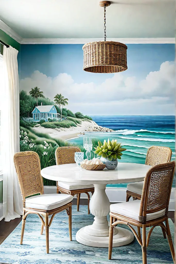 Coastal dining room with seascape removable wallpaper