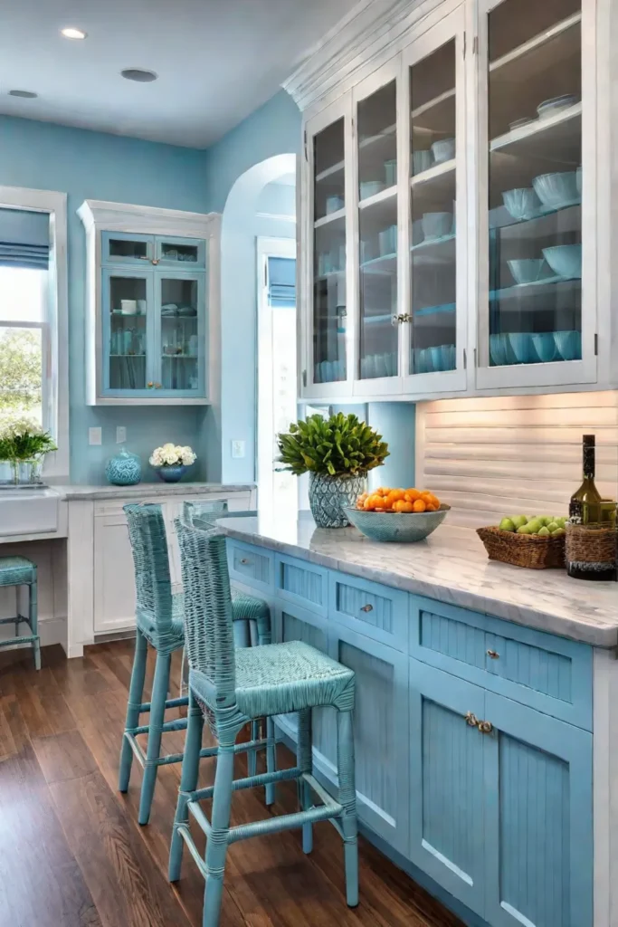 Coastal kitchen with beadboard cabinets and frosted glass panels