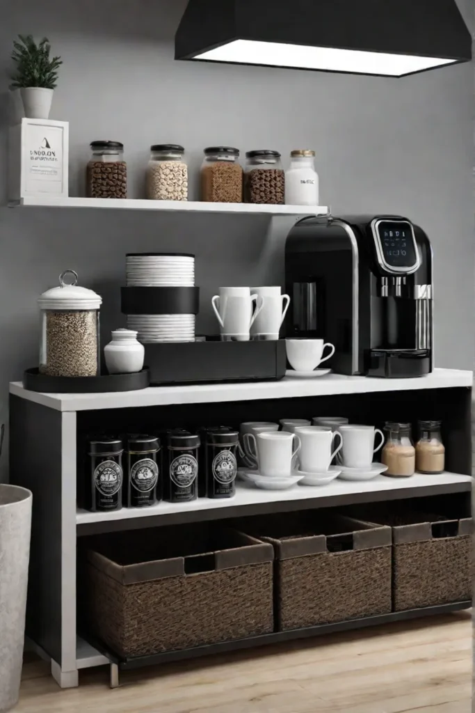 Coffee and tea bar with airtight containers and a small fridge