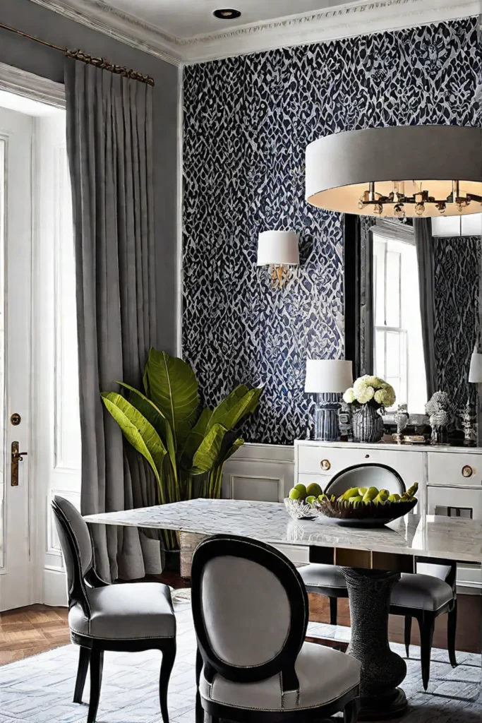Cohesive and stylish dining room with balanced wallpaper