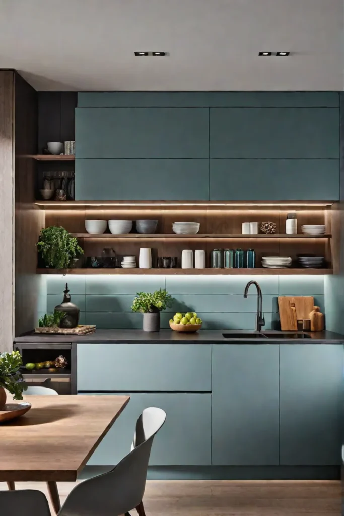 Cohesive color palette modern kitchen open shelves