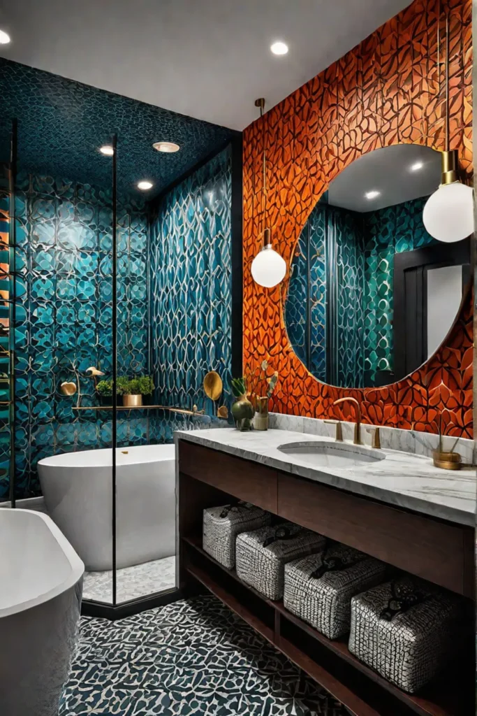 Colorful bathroom with playful pendant lights and undercabinet lighting