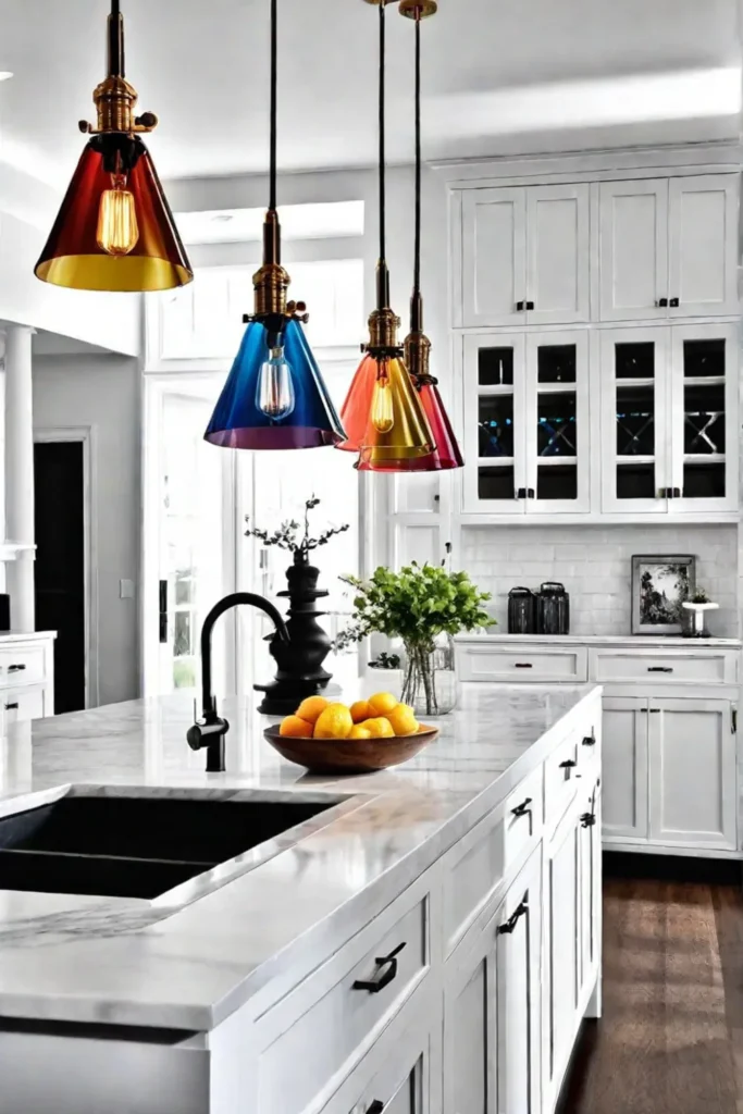 Colorful glass pendant lights in a vibrant kitchen