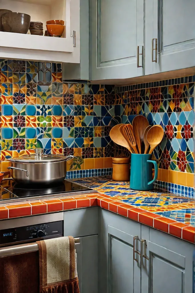 Colorful kitchen design with tile countertop and decorative ceramics