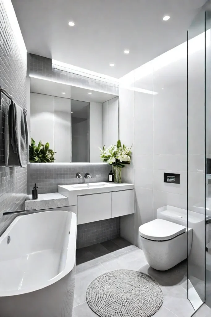 Compact bathroom with corner bathtub and wallmounted vanity