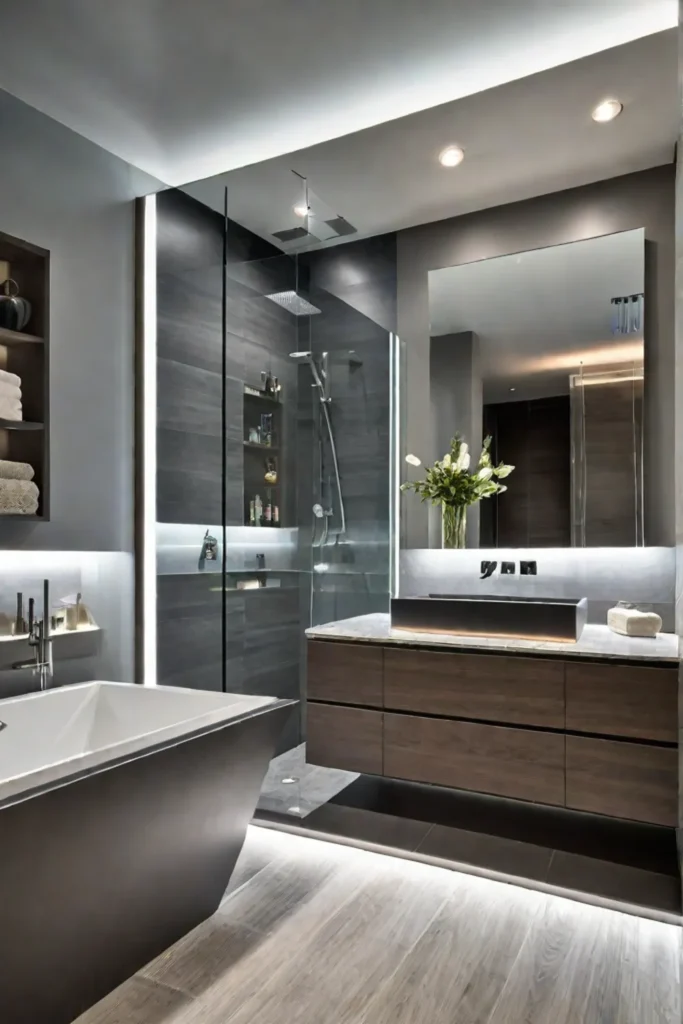 Contemporary bathroom with a floating vanity and walkin shower with recessed lighting