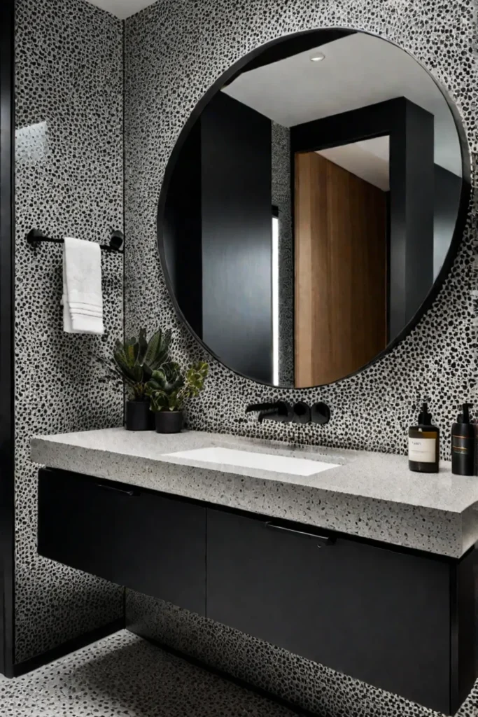 Contemporary bathroom with terrazzo sink and geometric mirror