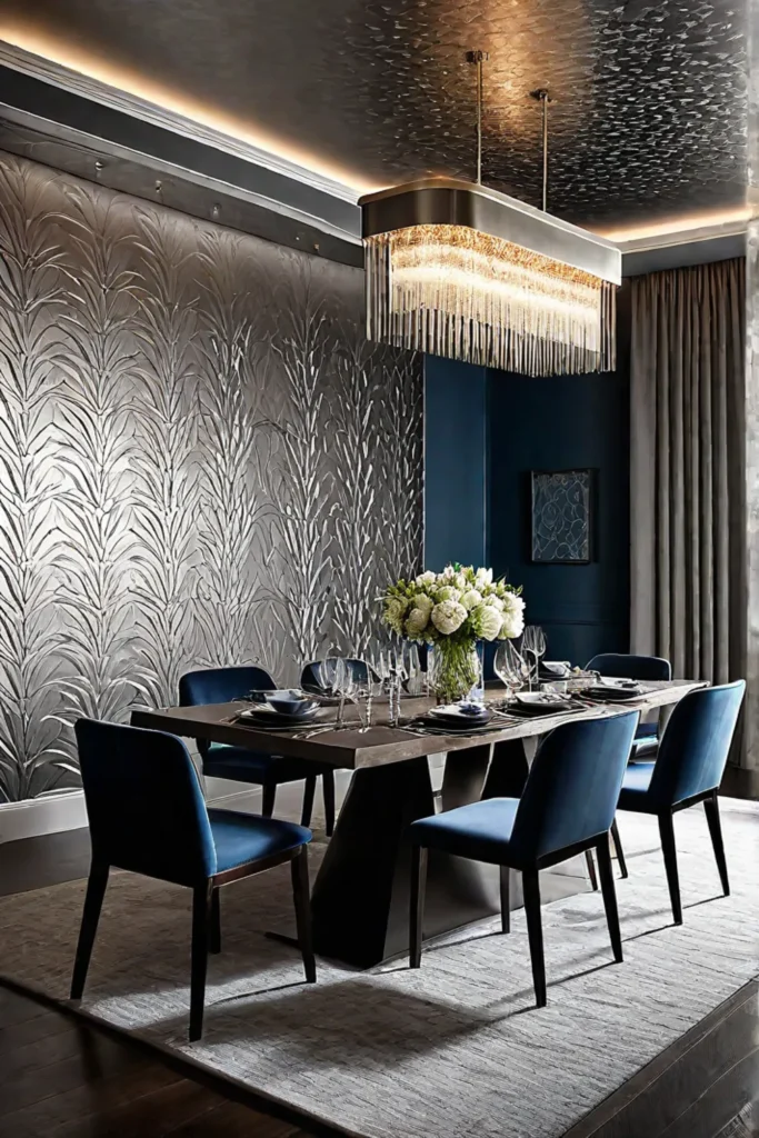 Contemporary dining room with metallic wallpaper and light reflections