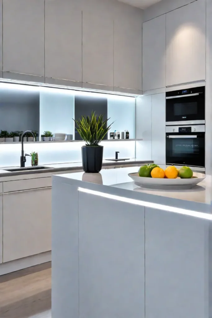 Contemporary kitchen with accent lighting and reflective surfaces