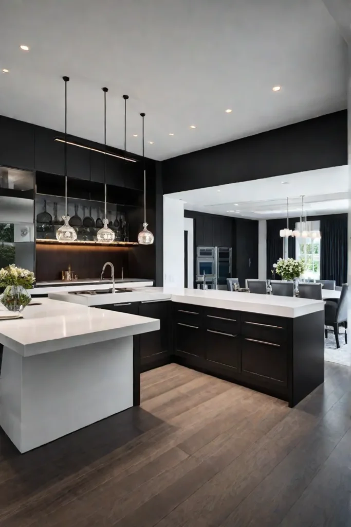 Contemporary kitchen with black and white island