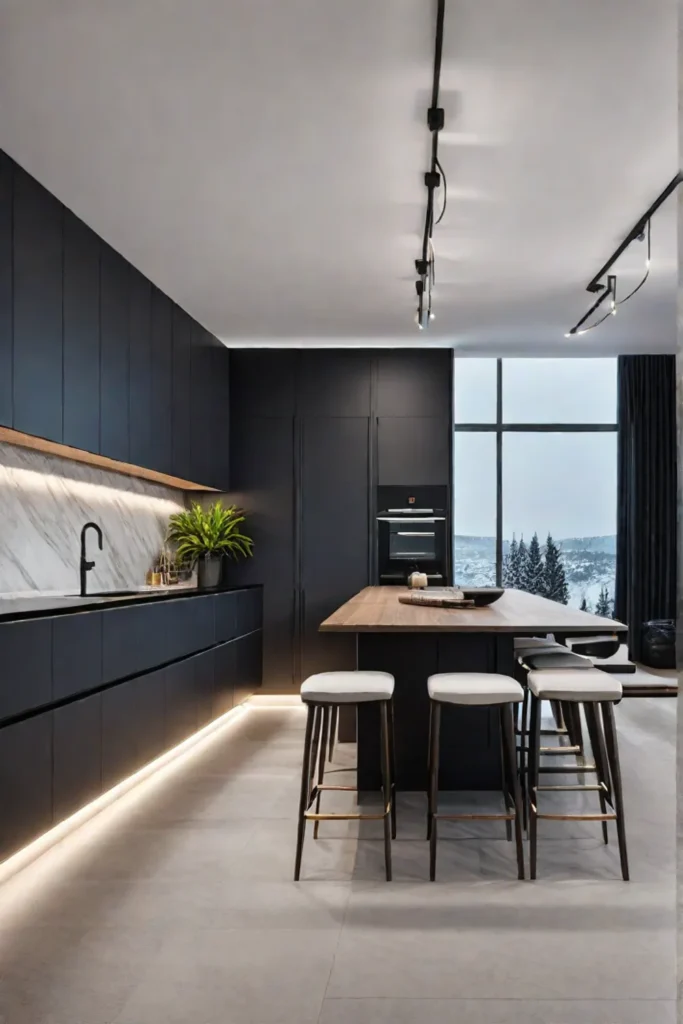 Contemporary kitchen with linear suspension lights