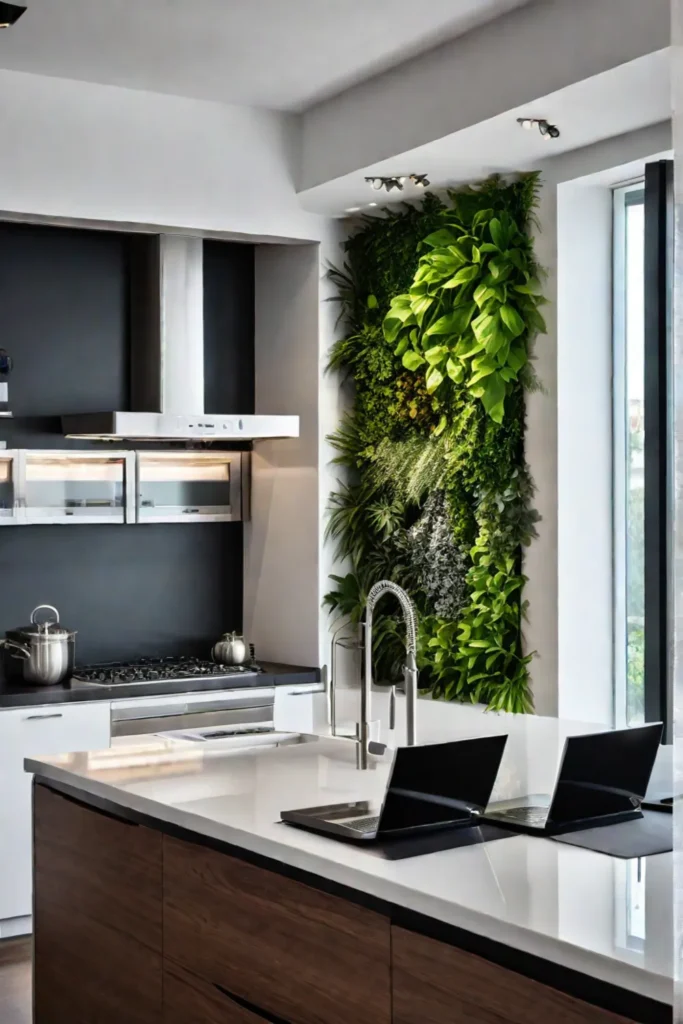 Contemporary small kitchen with vertical garden and botanical prints