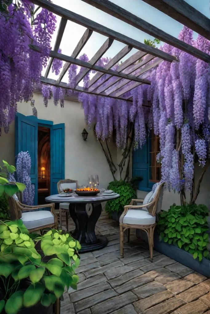 Cottage backyard with pergola and blooming flowers