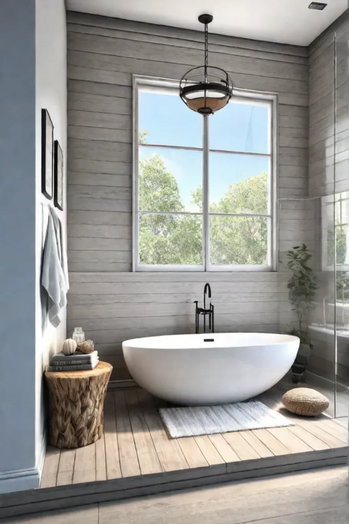 Cozy coastal bathroom with alcove tub and decorative elements