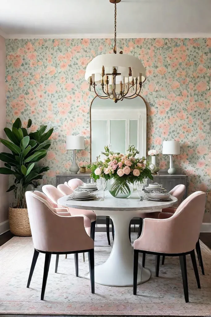 Cozy dining room with smallscale floral wallpaper and farmhouse table