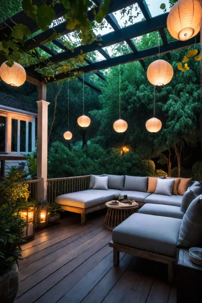 Cozy porch lit by lanterns
