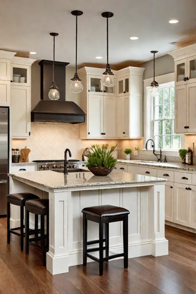 Cream shaker cabinets with granite countertops and a kitchen island