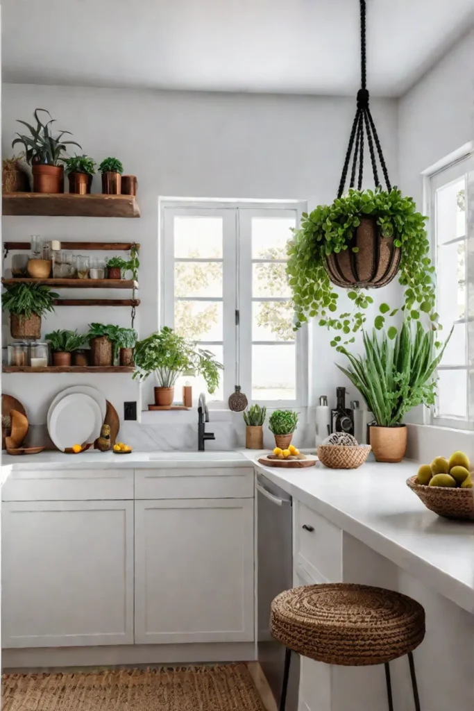 Creating a welcoming small kitchen with bohemian decor and trailing plants