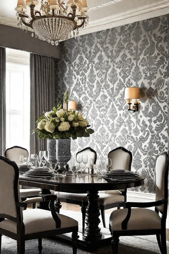Damask wallpaper with intricate patterns in a dining room
