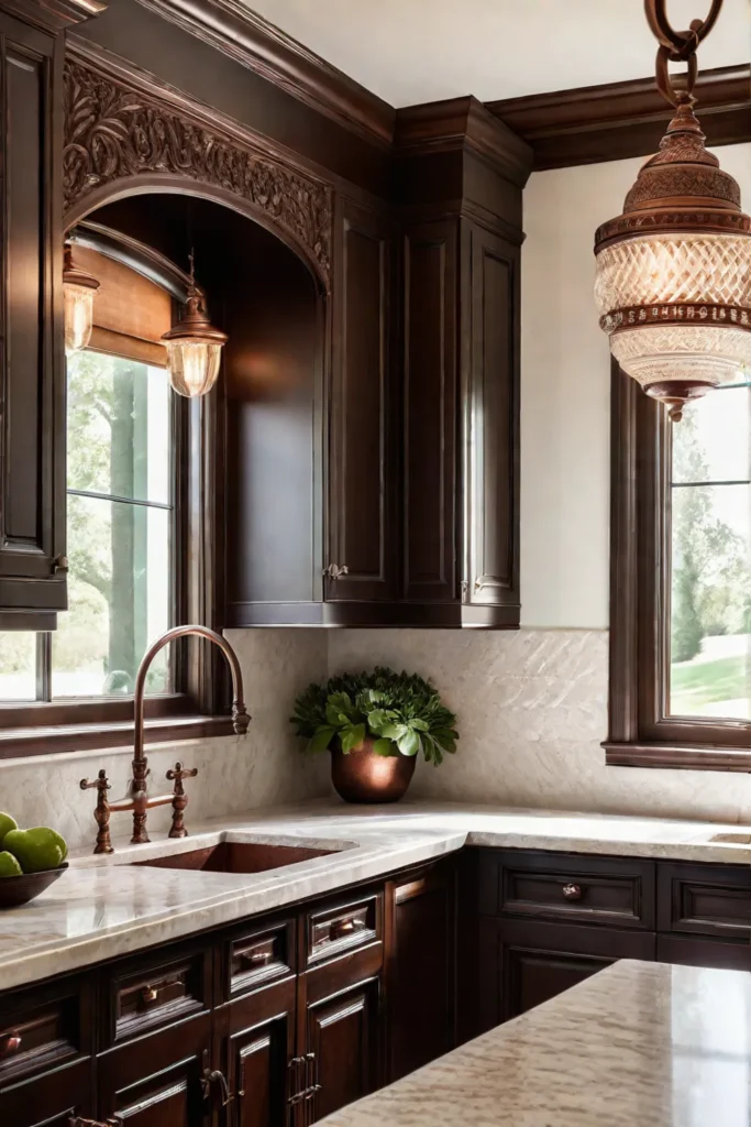 Dark wood cabinets with carvings and a light granite countertop