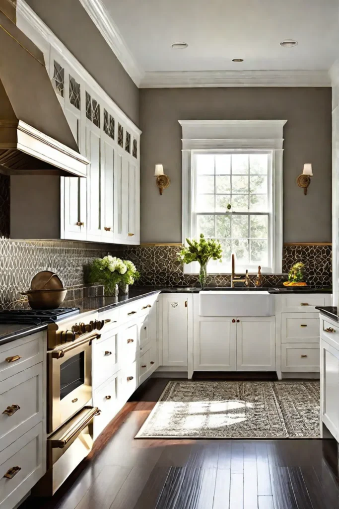 Dark wood floors and crown molding in a sunlit kitchen