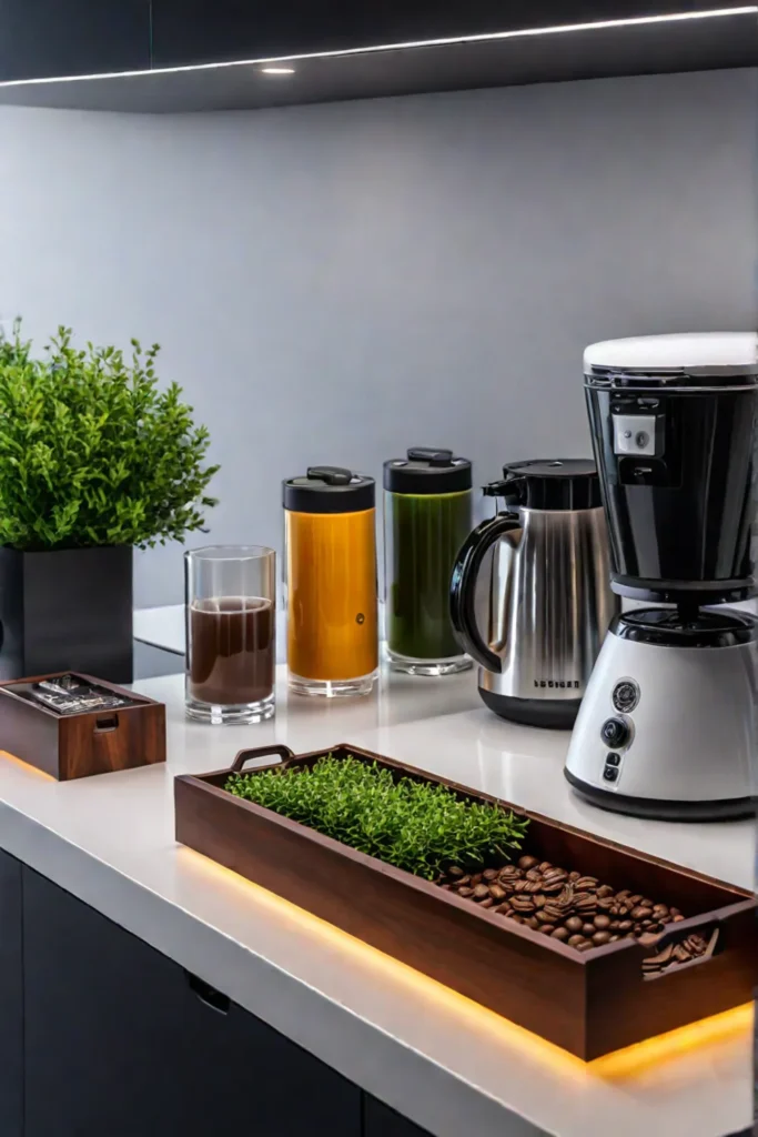 Dedicated space for coffee and tea essentials in a kitchen
